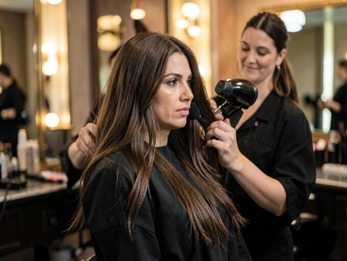 Profissional finalizando escova em cliente no salão
